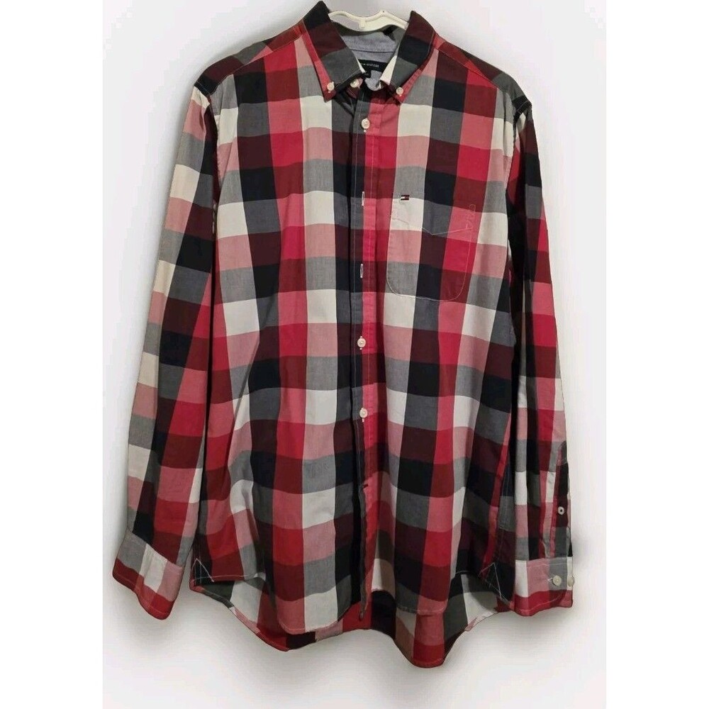 Tommy Hilfiger Mens Small S Plaid Button Down Shirt Long Sleeve Red White Blue